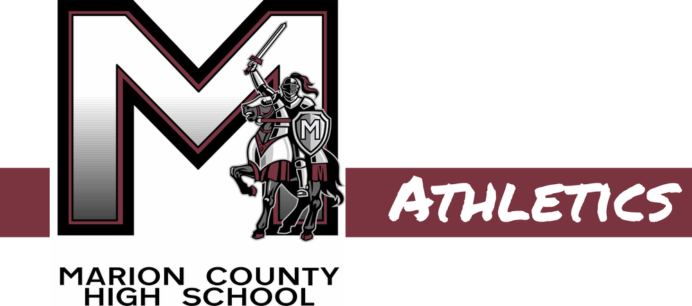 the words "Marion County High School Athletics" with picture of a knight on a horse